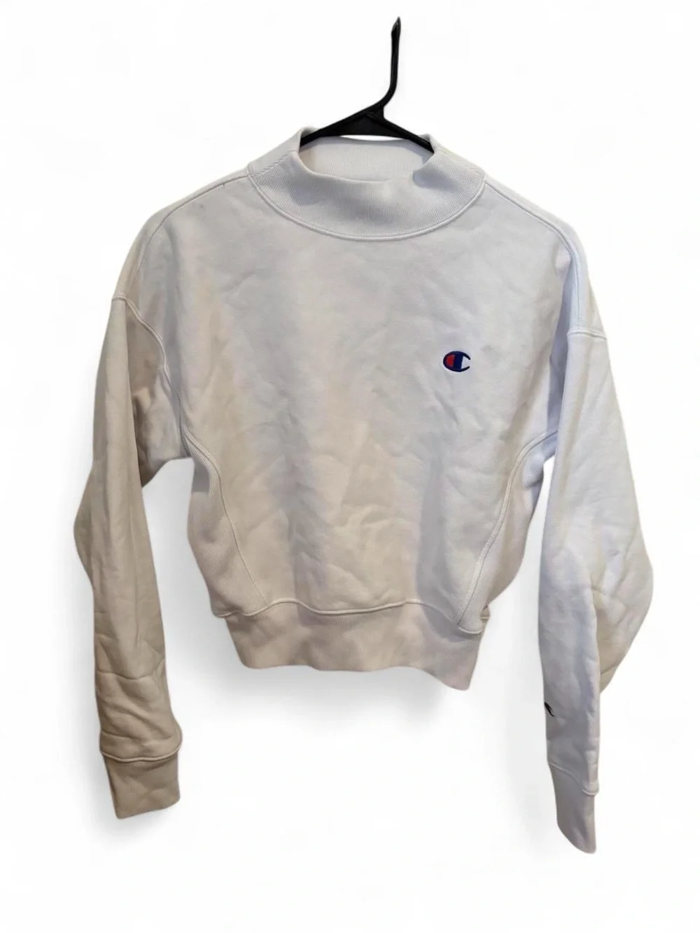 Champion White Mock neck Cropped Sweatshirt with Embroidered Logo